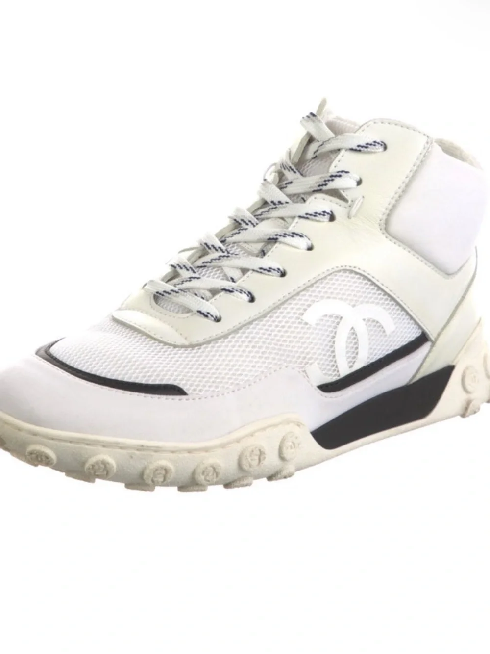 CHANEL White and Black High-Top Logo Sneakers